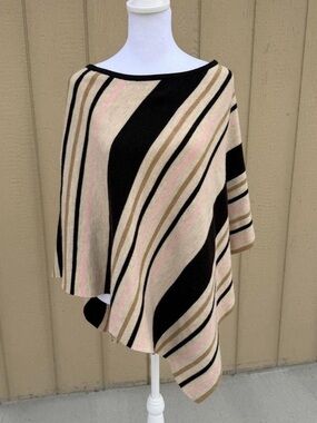 Vintage Wool one size puncho cream with black and pink stripes